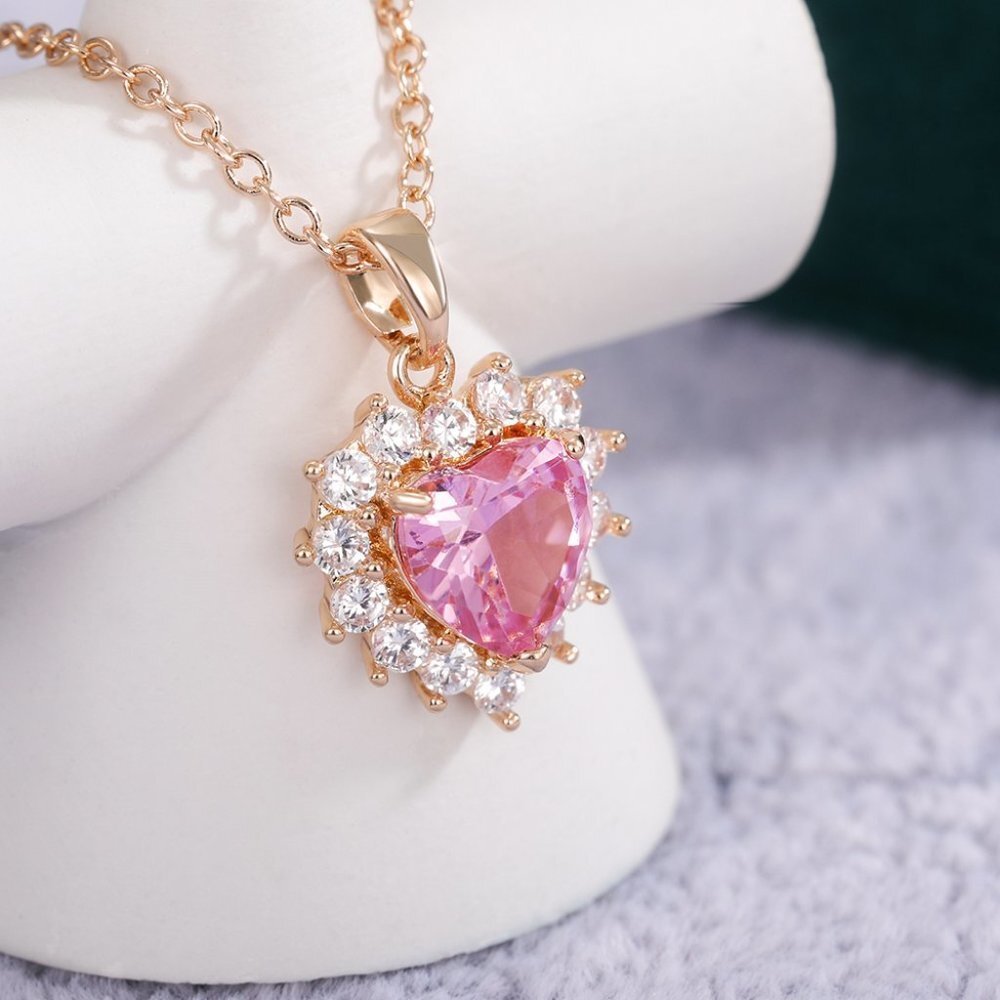 🎀Pink Diamond Heart Flower Rose Gold Plated CZ Heart Necklace, EVGG1106 - Picture 2 of 6